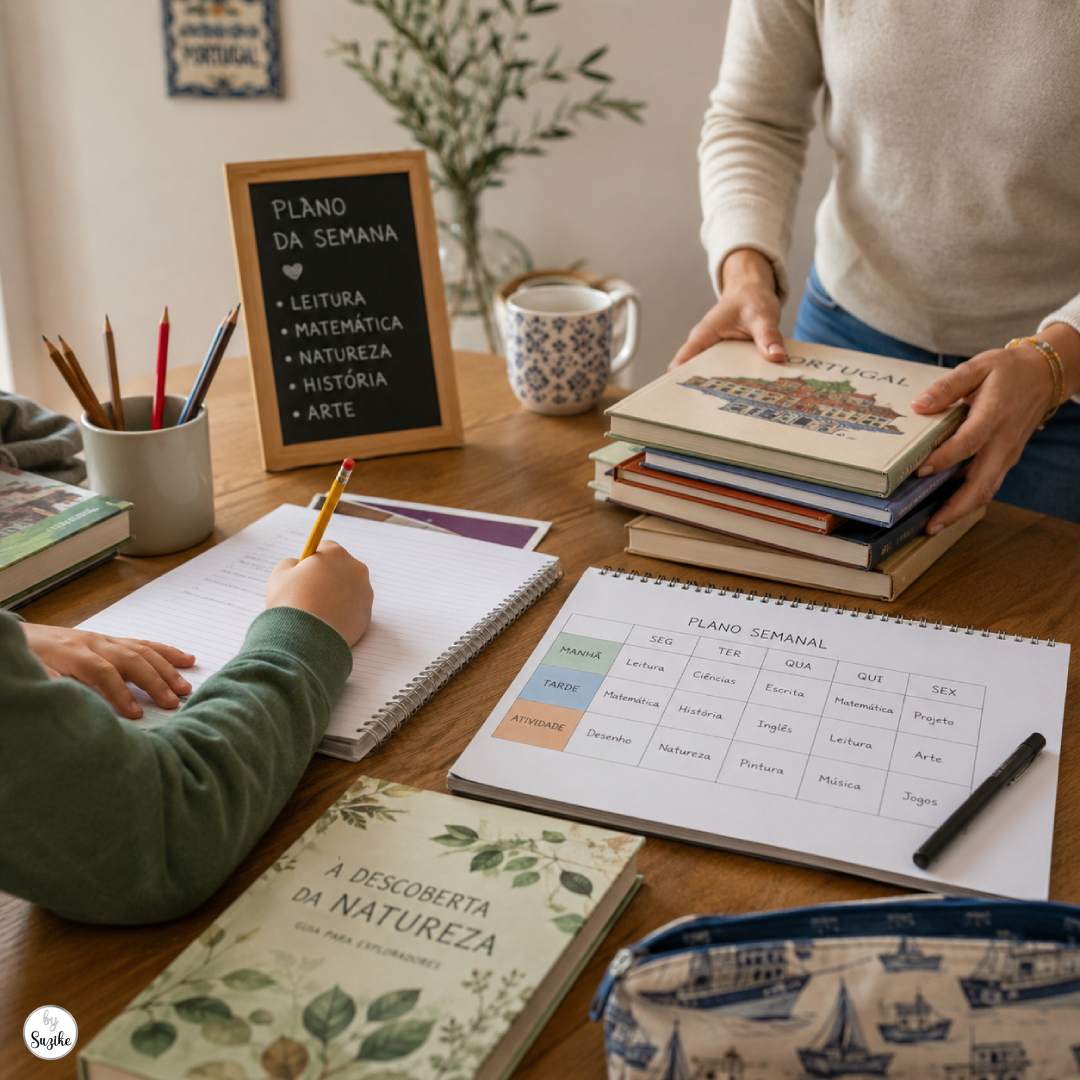 Homeschooling in Portugal guide with parent and child organizing learning materials at home