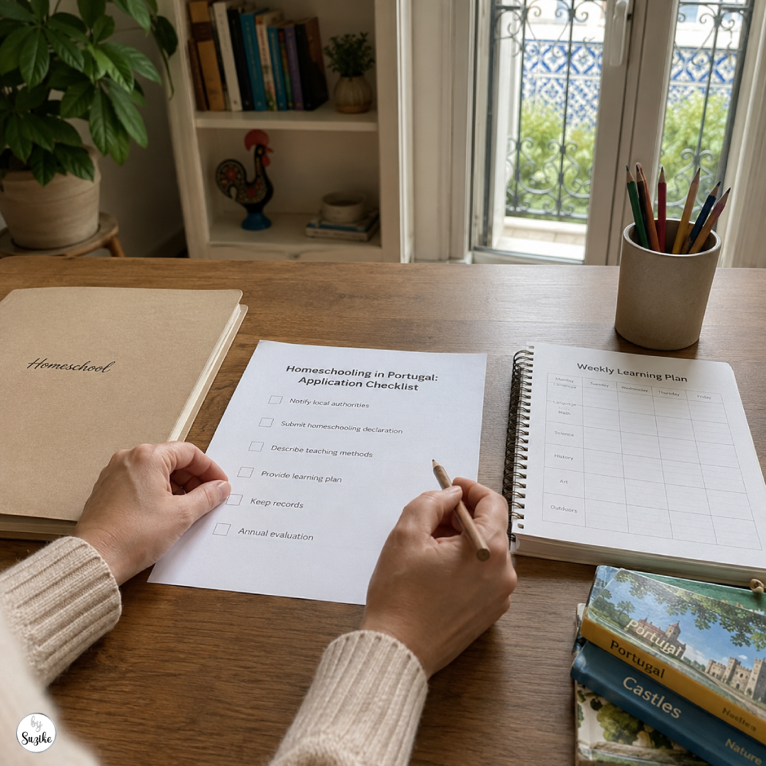 Parent organizing a homeschooling checklist and study materials at home for a step by step guide to homeschooling in Portugal