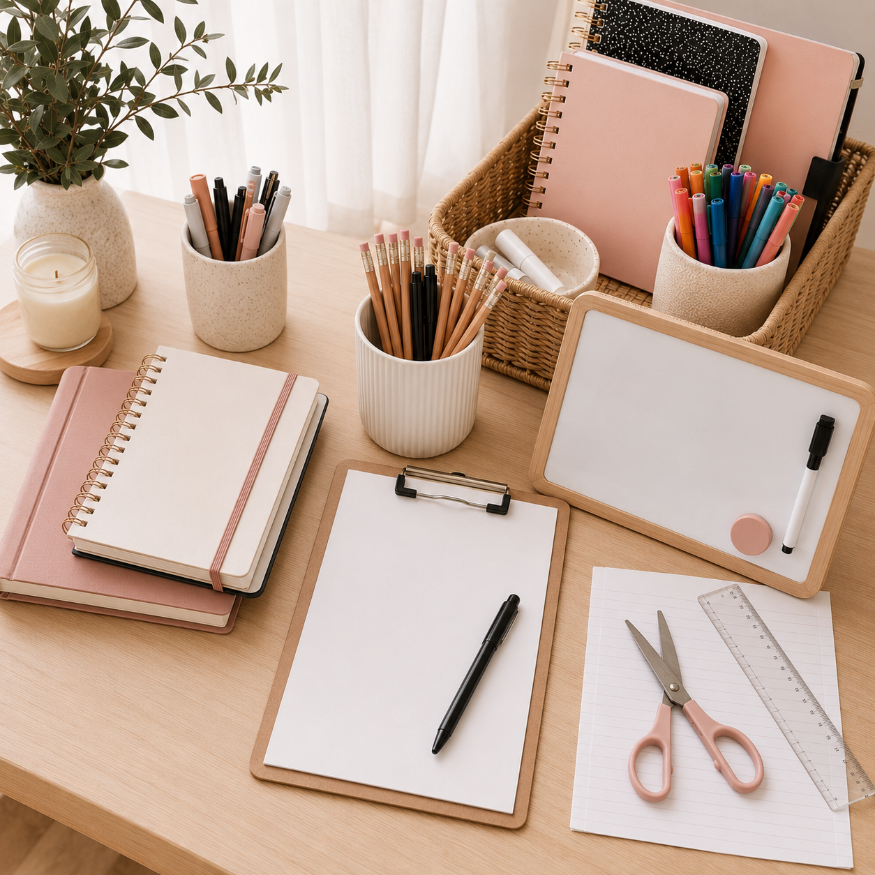 School supplies we use at home, including notebooks, pencils, markers, a whiteboard, scissors and organisation tools.