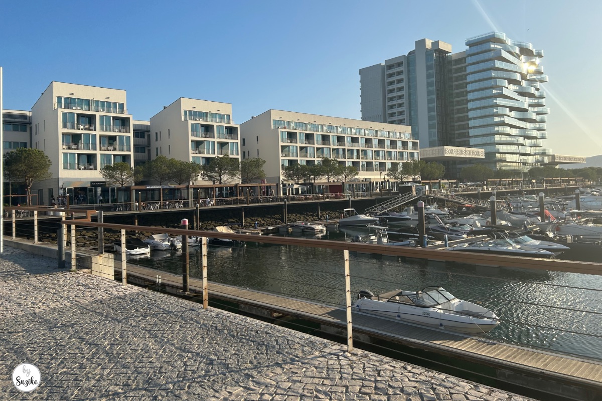 Troia marina and modern hotel buildings in warm evening light