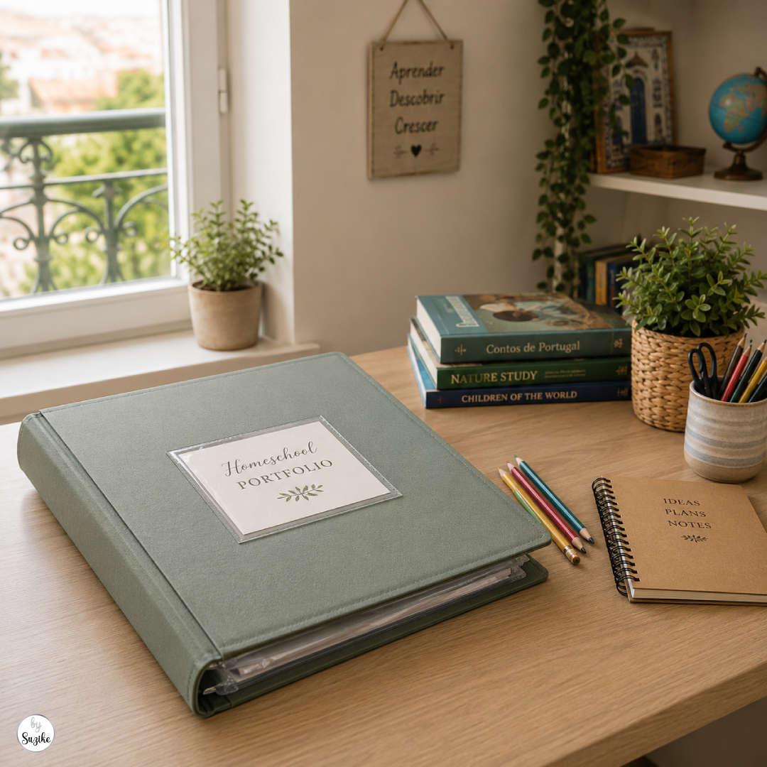Homeschool portfolio in Portugal with a closed binder and learning materials on a home desk