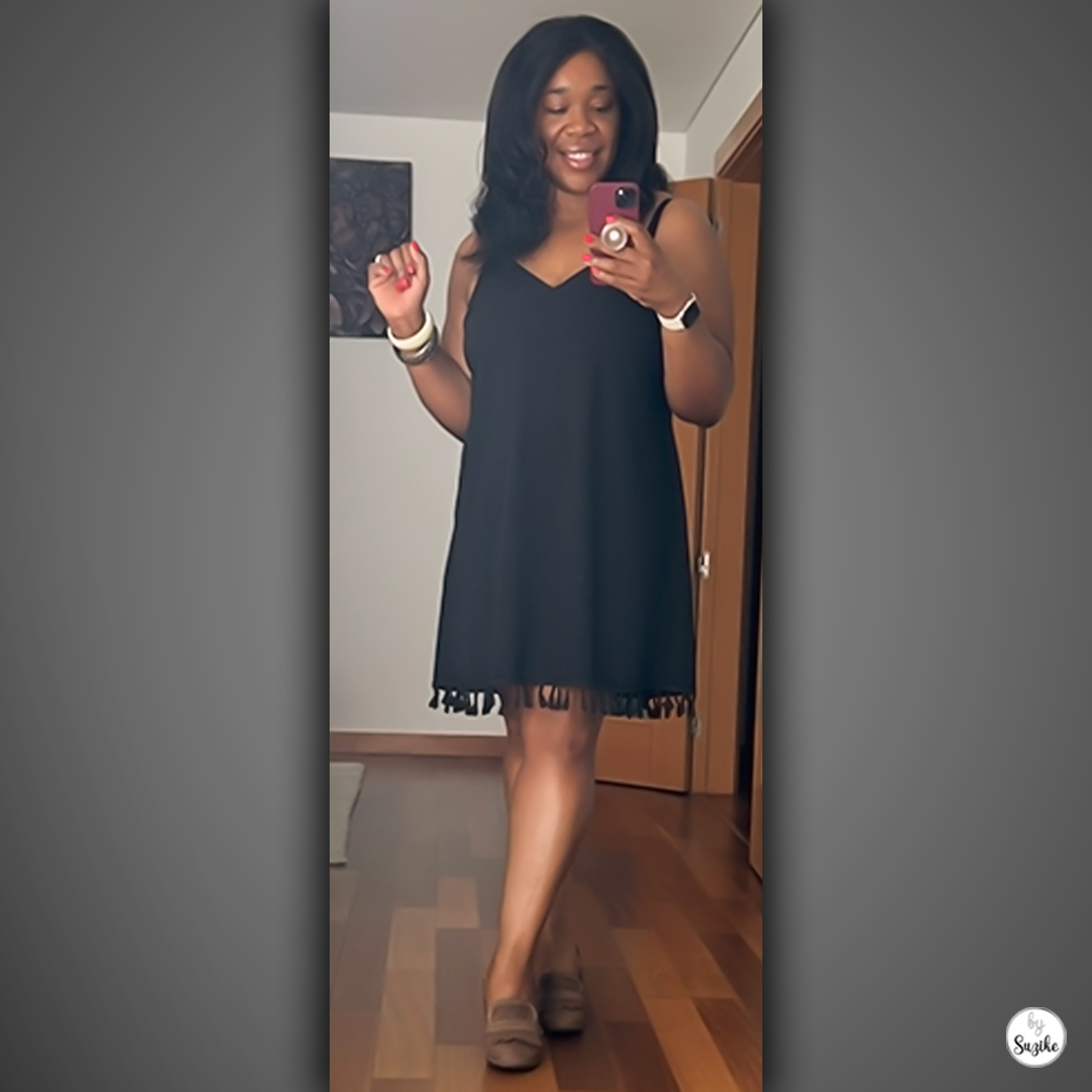 Real-life simple black dress outfit, V-neck black dress – BySuzike Style.