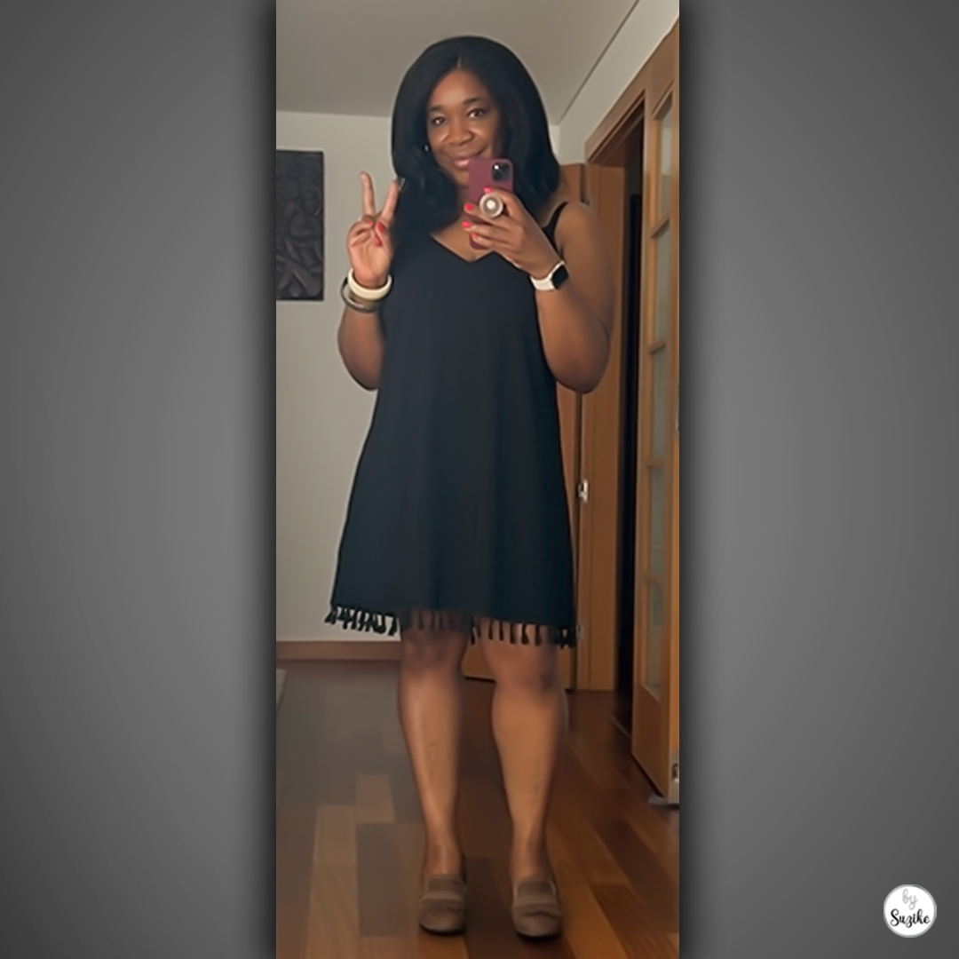 Real-life simple black dress outfit, V-neck black dress – BySuzike Style.