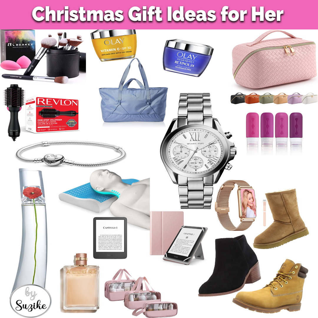 Christmas gift ideas for her collage with beauty products, watches, bags, boots and accessories