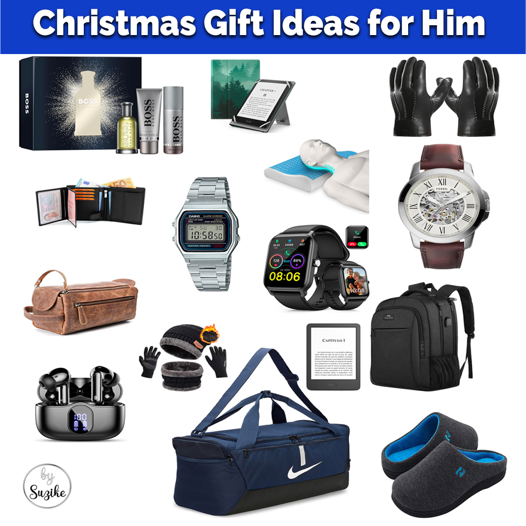 Christmas gift ideas for him 2025 collage with watches, bags, gloves, Kindle and accessories