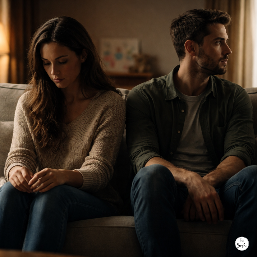 Couple sitting together on a couch in an unhappy marriage because of your kids, emotionally distant and not looking at each other