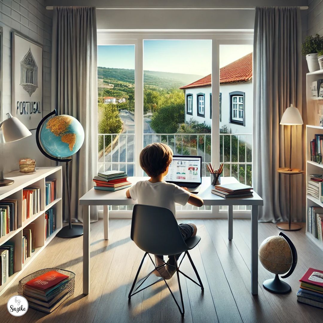 Homeschool in Portugal: child studying online at home, with books and a laptop on a modern desk, and a countryside view — reflecting international education.