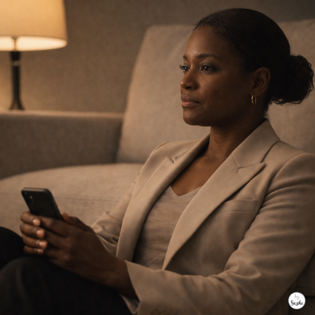 Black woman sitting on the floor holding her phone in warm evening light, reflecting how to stop chasing someone before making a final decision