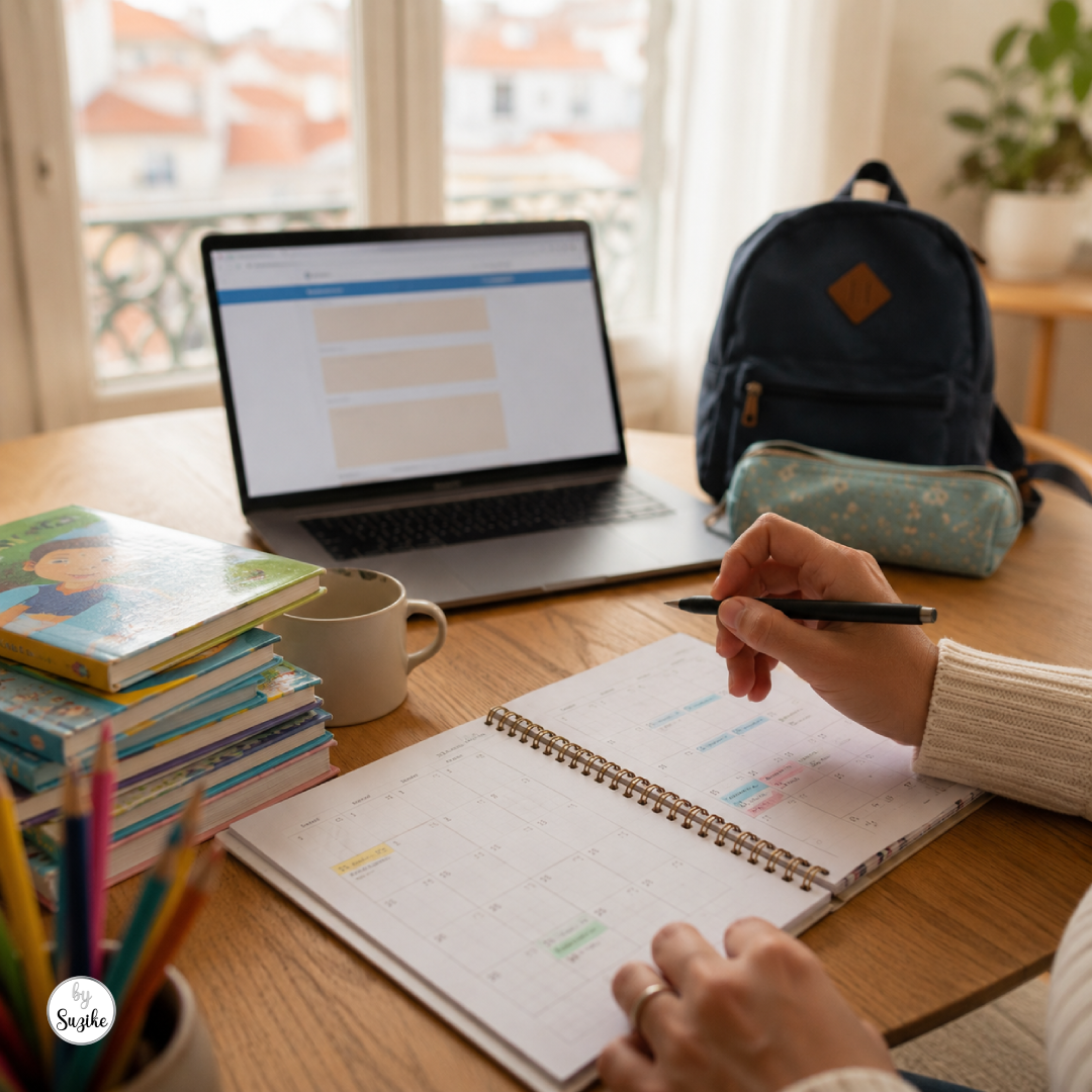 Parent organizing a school calendar, books and backpack at home while checking school enrollment information in Portugal