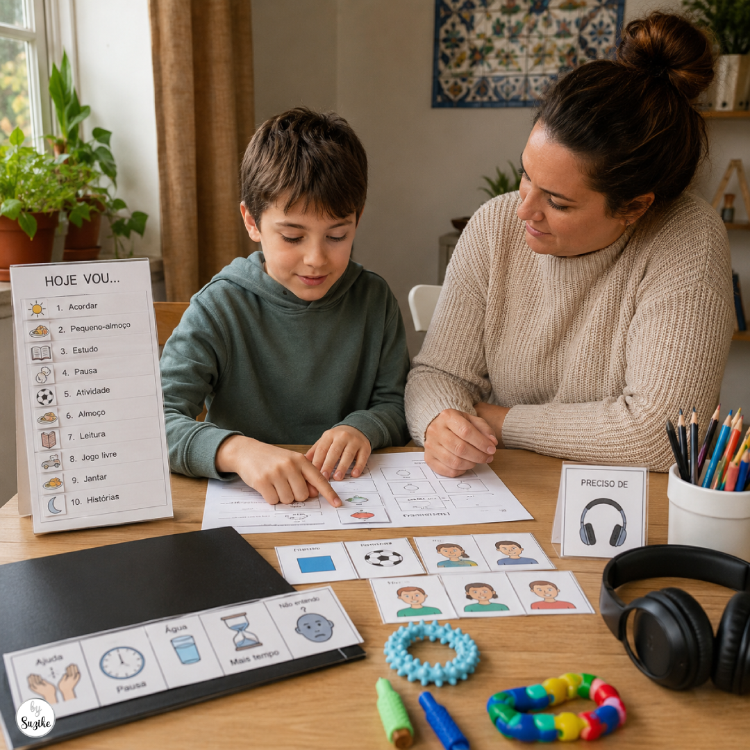 Adapted home learning setup with visual schedule, sensory tools and study materials for SEN homeschooling in Portugal
