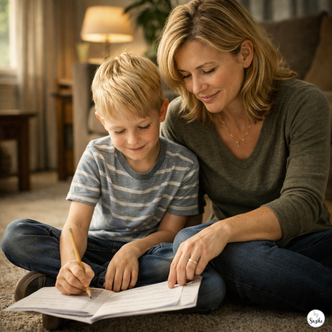 when your child doesn't fit in school - blonde mother and child sitting on floor at home reading together in a calm connected moment