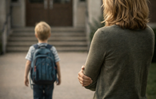 when your child doesn't fit in school - child with backpack walking toward school while mother watches from a distance