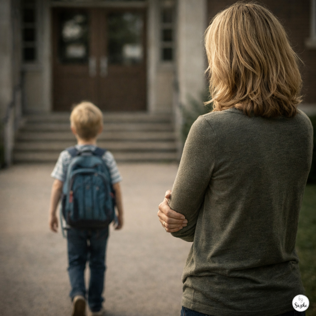 when your child doesn't fit in school - child with backpack walking toward school while mother watches from a distance