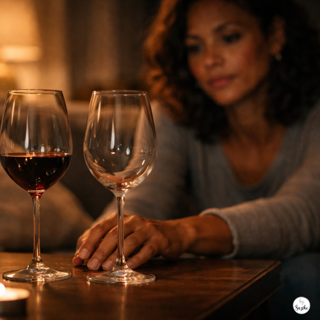What Is a Situationship image with two wine glasses on a dimly lit table, one full and one empty, as a woman sits quietly in the background