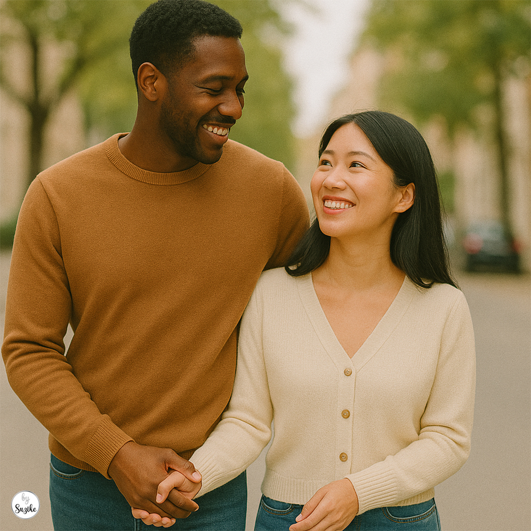 A happy couple walking hand-in-hand outdoors, both smiling and looking at each other, representing a healthy and joyful relationship.
