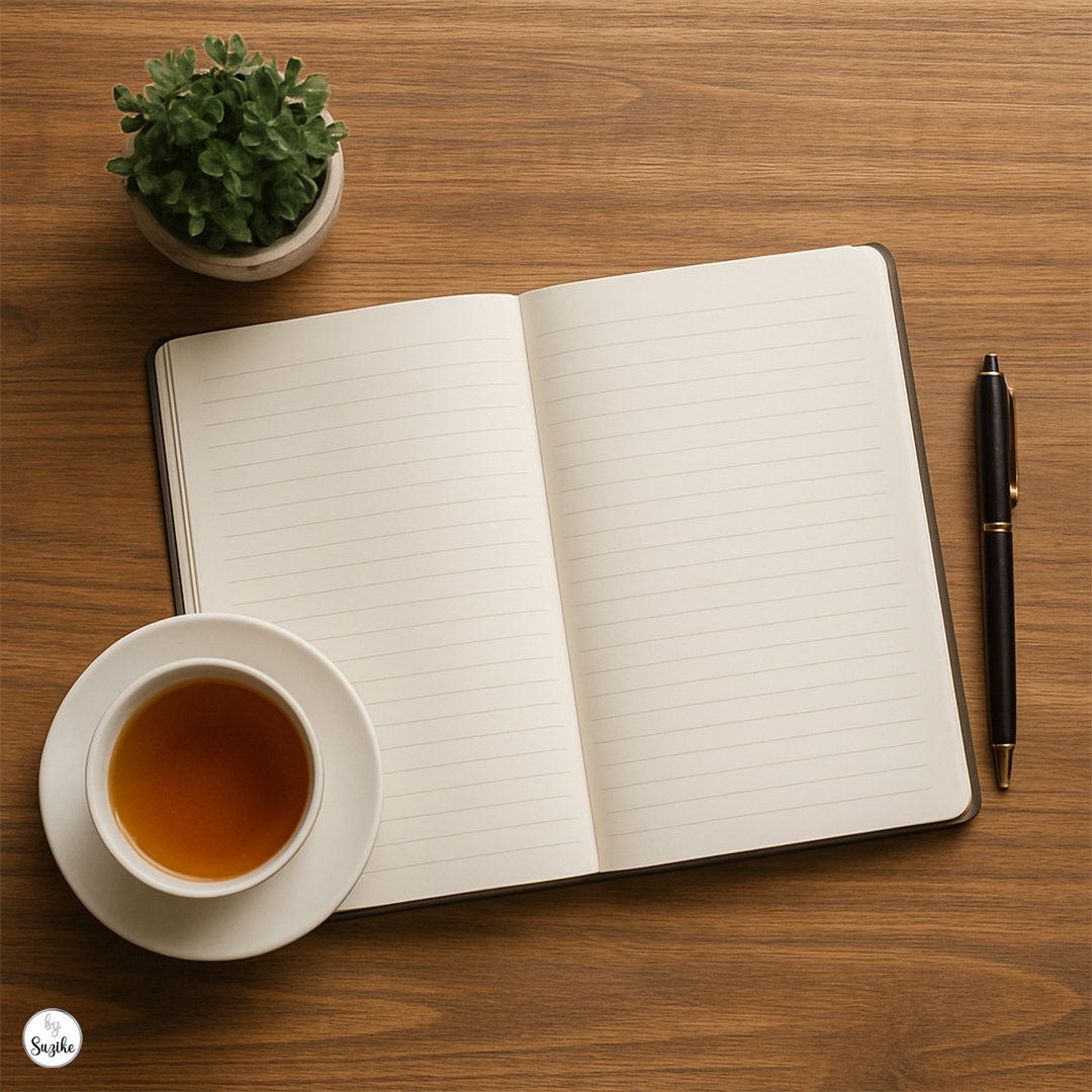 Flat lay of a journal, a cup of coffee, and a plant on a wooden table, symbolizing self-reflection and personal growth.