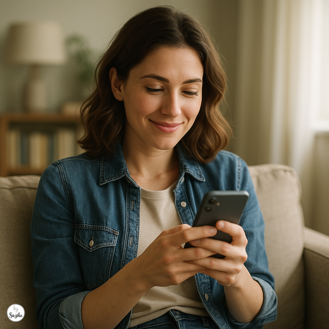 A young woman sitting on a sofa, smiling softly as she reads a message on her smartphone, feeling appreciated.