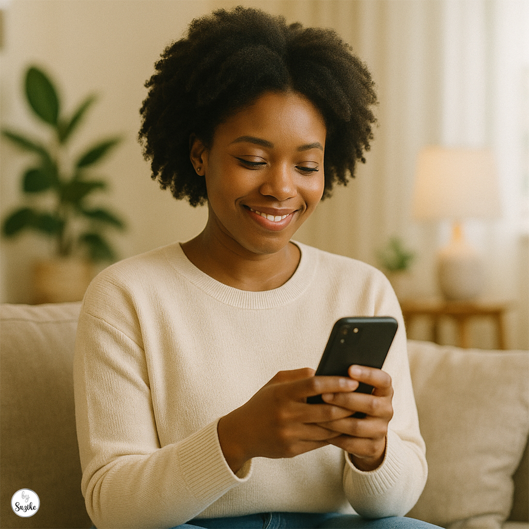 A young woman with curly hair and light skin, sitting on a couch and smiling at her phone, feeling excited by a new message.