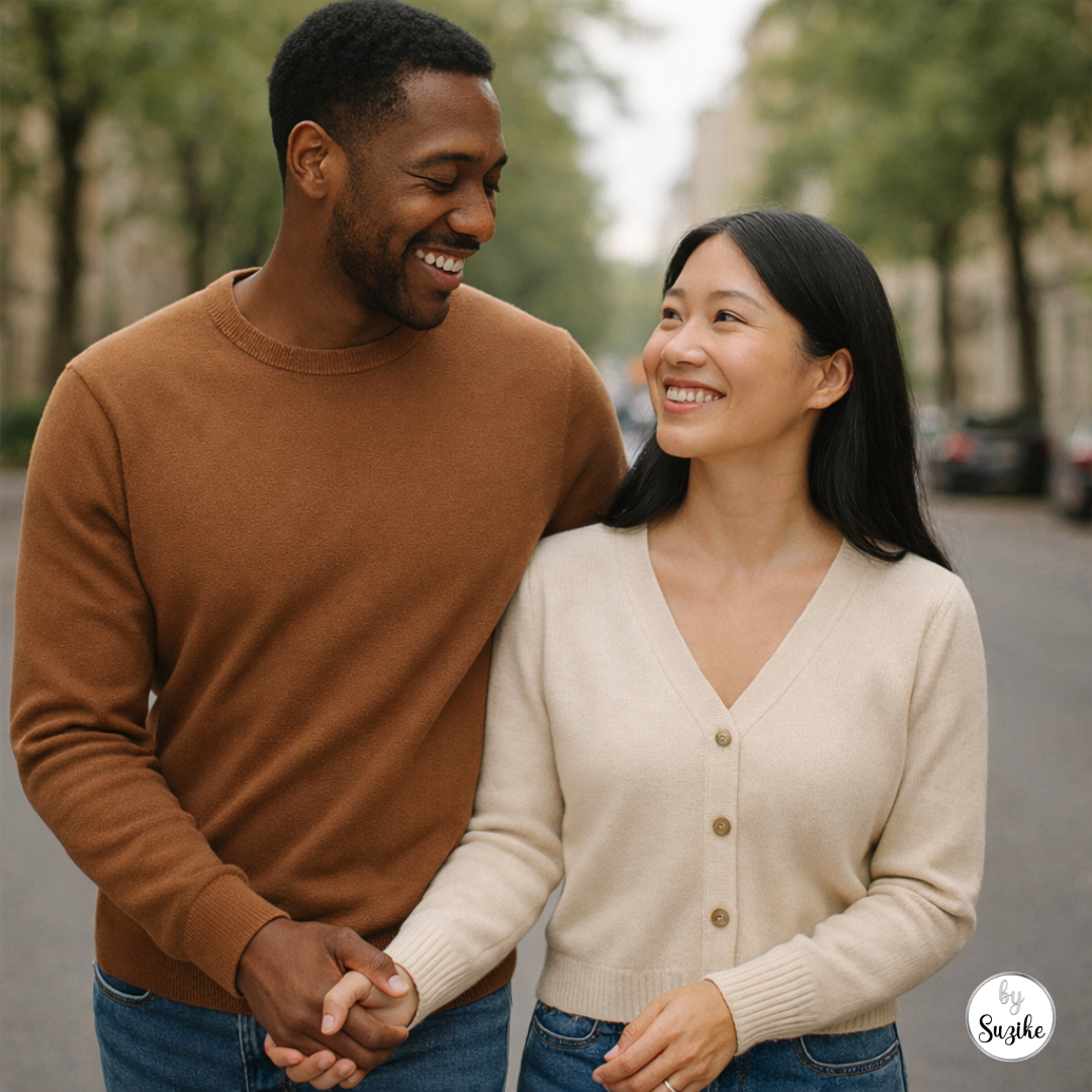 A happy couple walking hand-in-hand outdoors, both smiling and looking at each other, representing a healthy and joyful relationship.