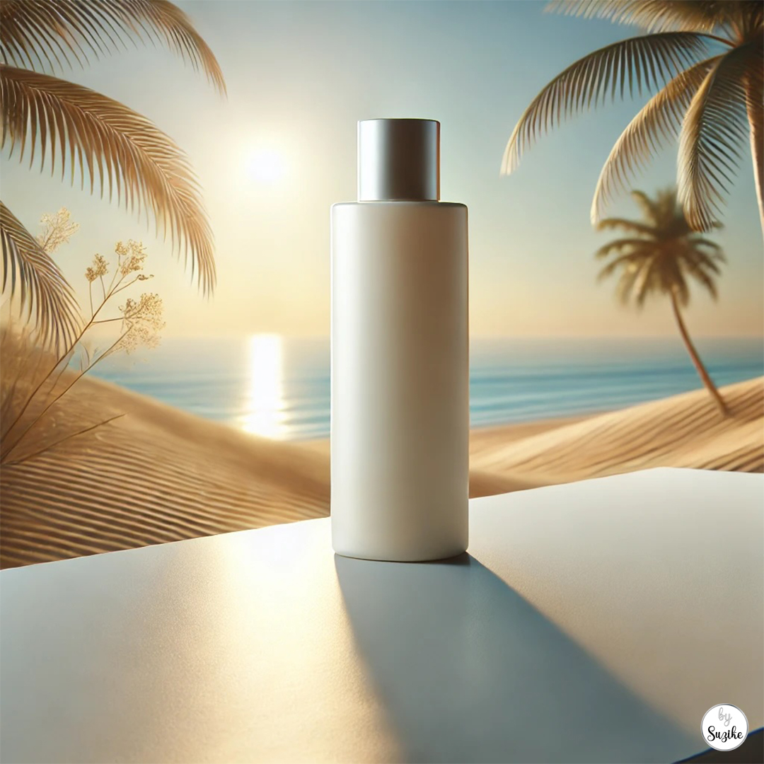 Minimalist sunscreen bottle placed on a sandy beach with palm trees and an ocean in the background, bathed in warm sunlight.