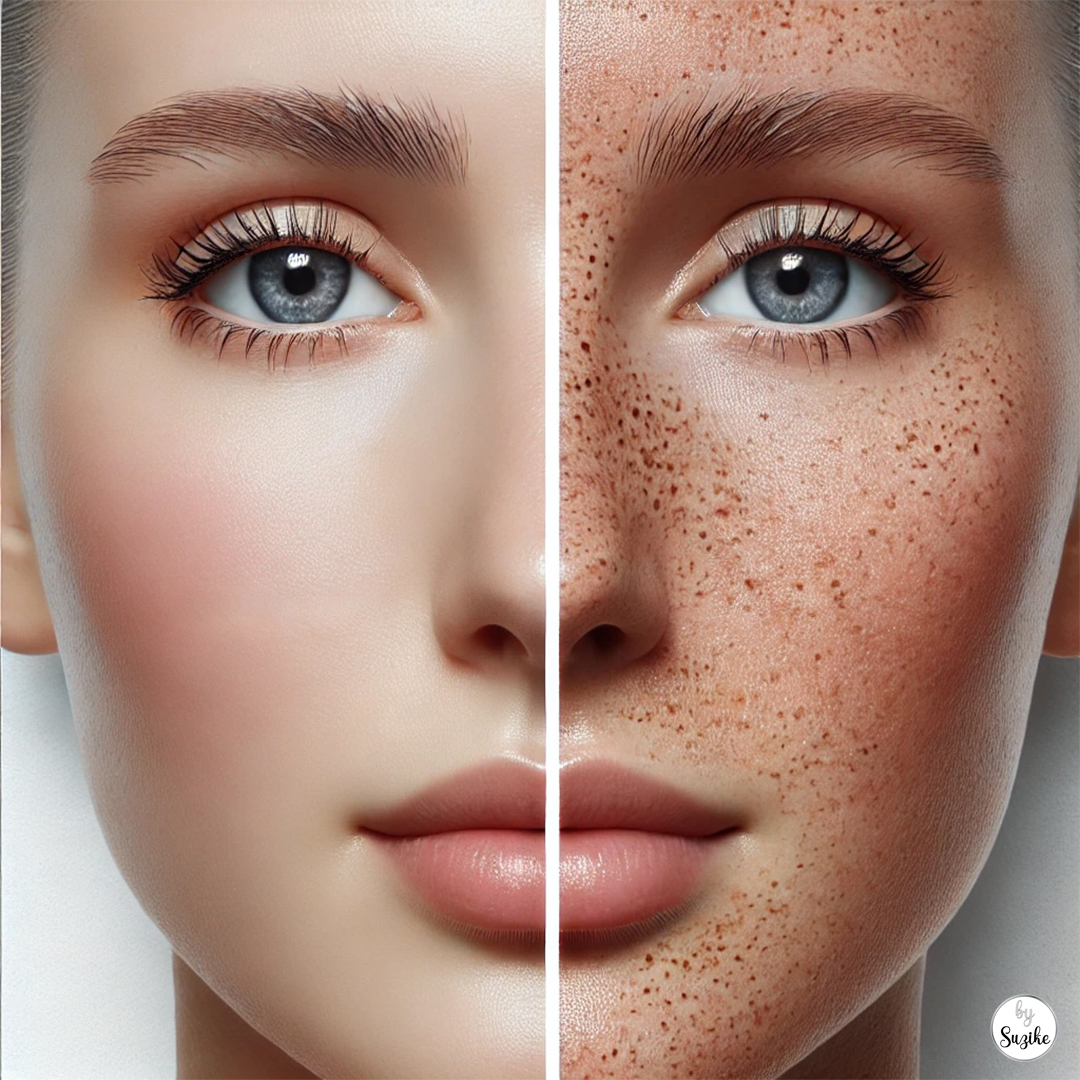 Close-up of a white woman’s face, split to show natural skin and sun-induced freckles or pigmentation.