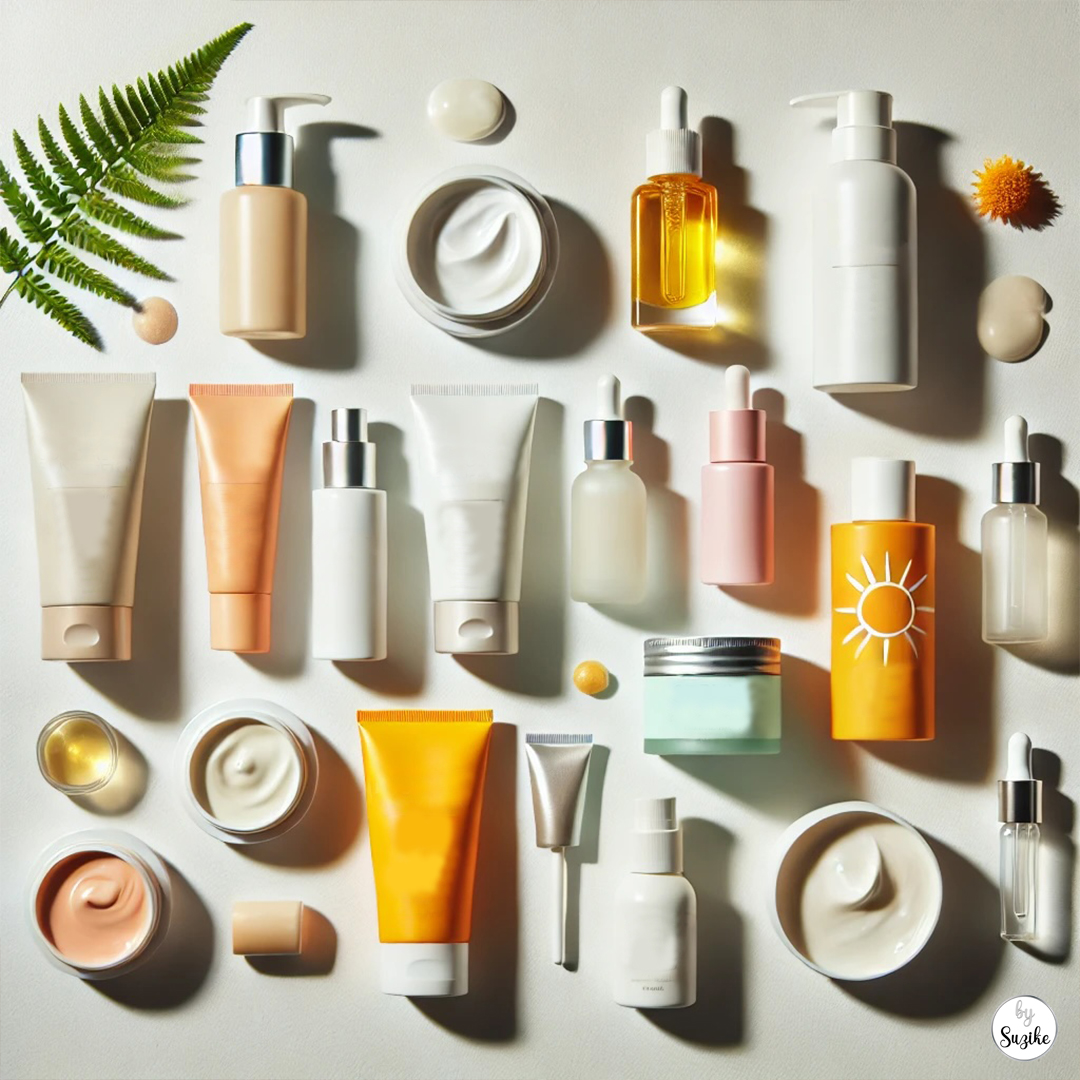 Assorted skincare products including sunscreens, serums, and creams arranged neatly on a flat surface with a green leaf accent.