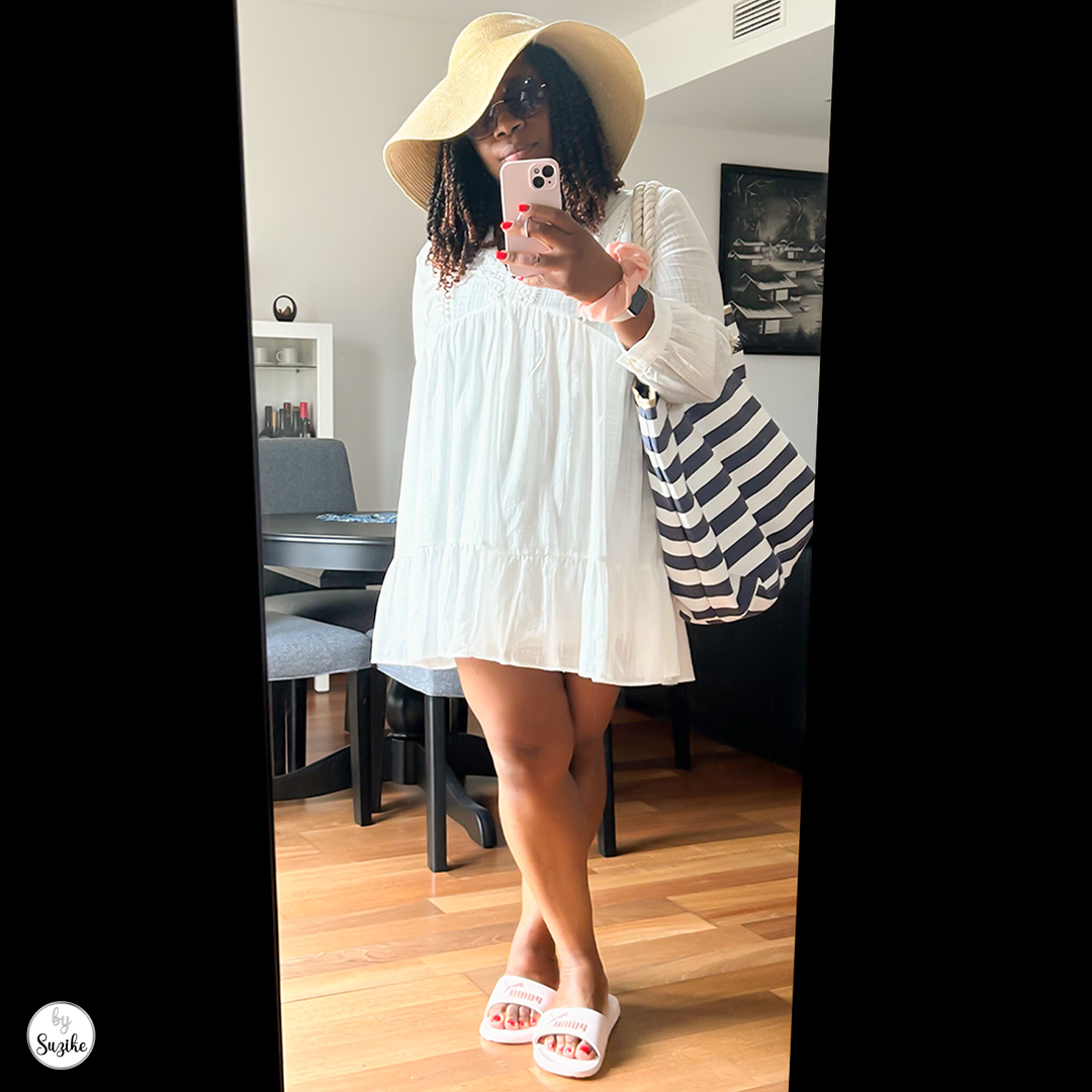 beach day outfit with summer hat featuring white Zara dress and striped bag