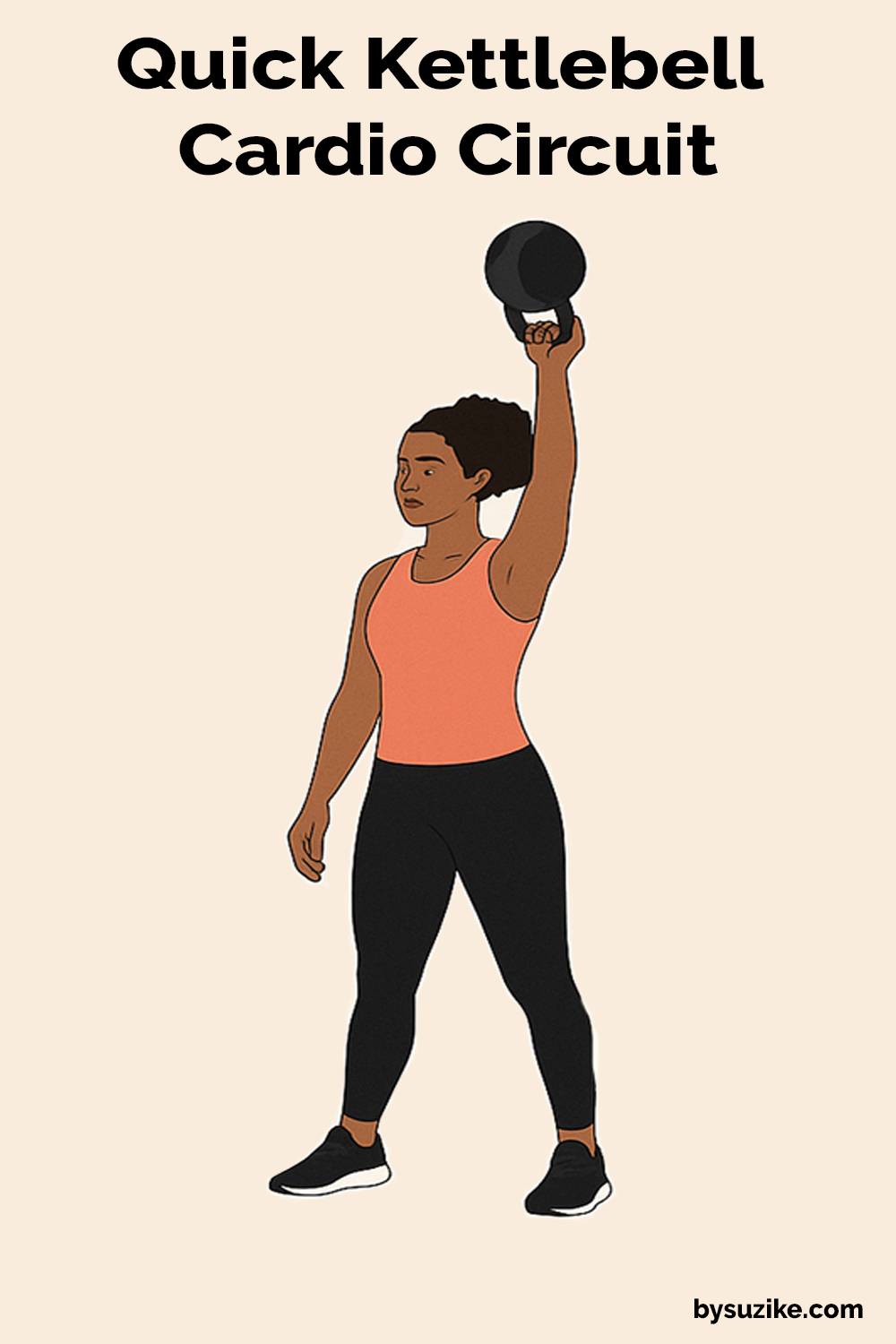 Illustration of busy mom performing a quick cardio circuit with kettlebell swings, snatches, and mountain climbers