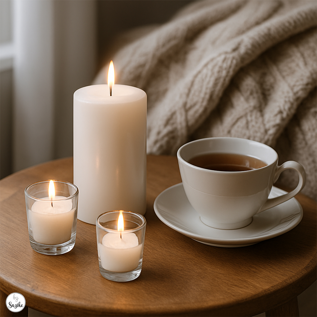 self-care for women_Cozy scene with lit candles and a cup of tea on a wooden surface.
