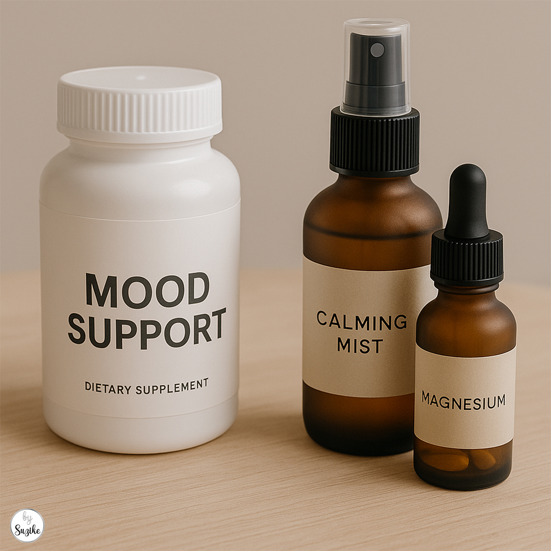 self-care for women_Close-up of natural supplements and calming mist bottles on a wooden table.