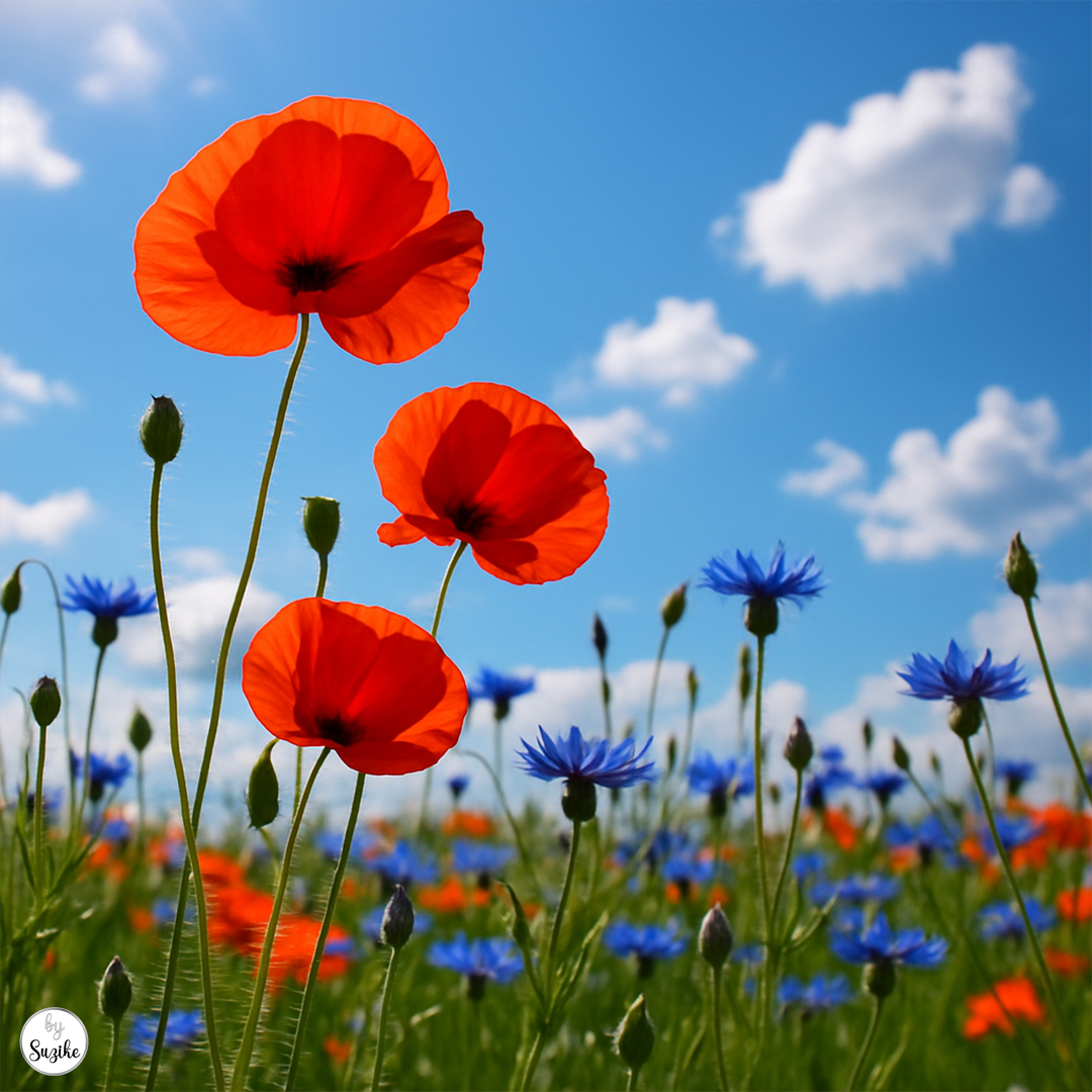 self-care for women_A vibrant field of red poppies and blue cornflowers under a bright blue sky.
