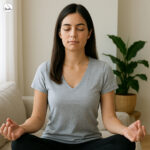 self-care for women_A serene woman meditating on a sofa with plants in the background.