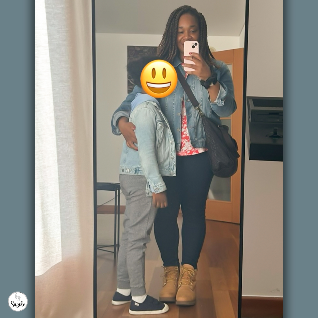 Mother and daughter dressed in casual outfits, ready for a shopping day. Mom is wearing Timberland boots, black leggings, a denim jacket, and a crossbody Kipling bag. Daughter wears gray pants, a denim jacket, and navy sneakers.