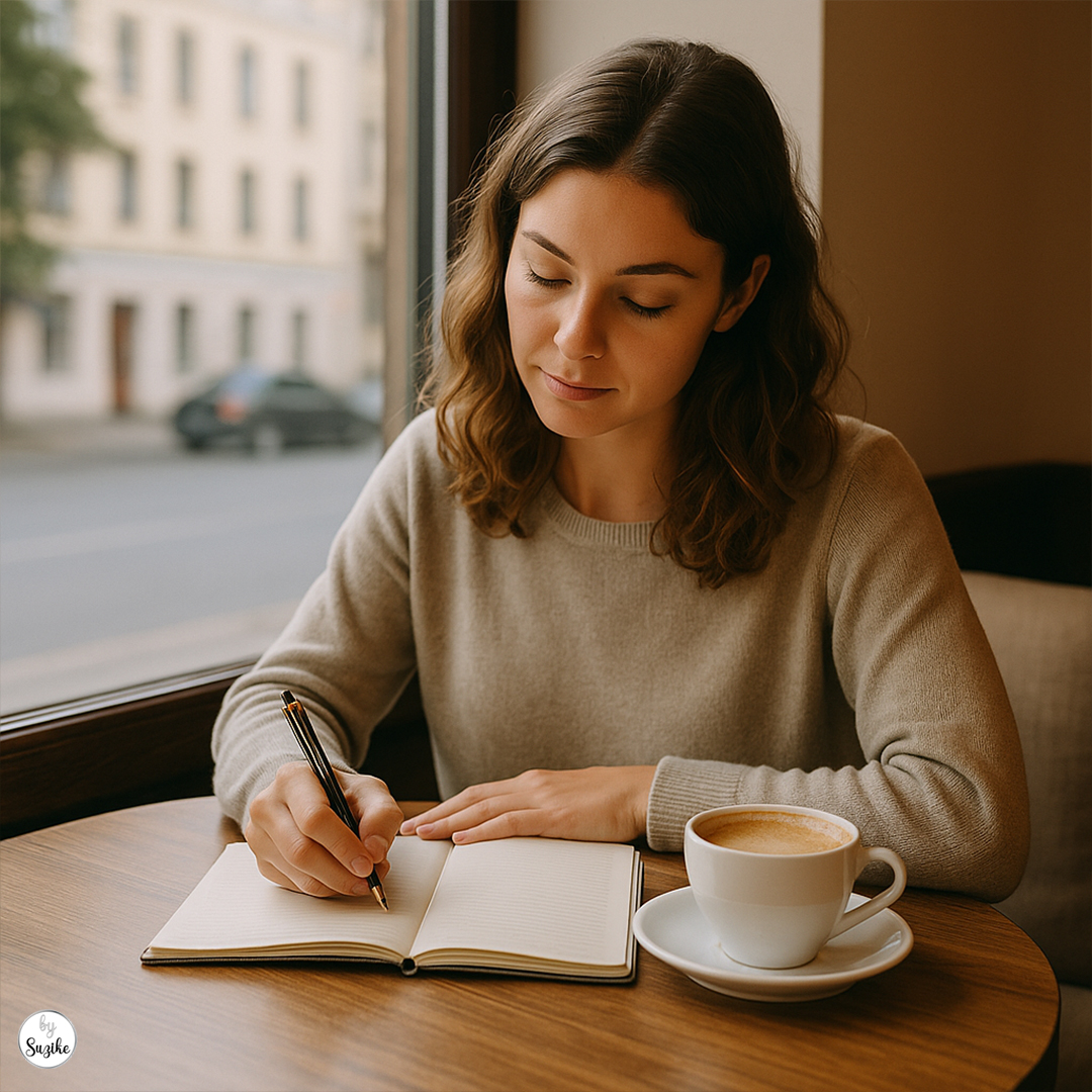 Young woman journaling at a café table with a cup of coffee, city street visible through the window, peaceful and reflective mood.