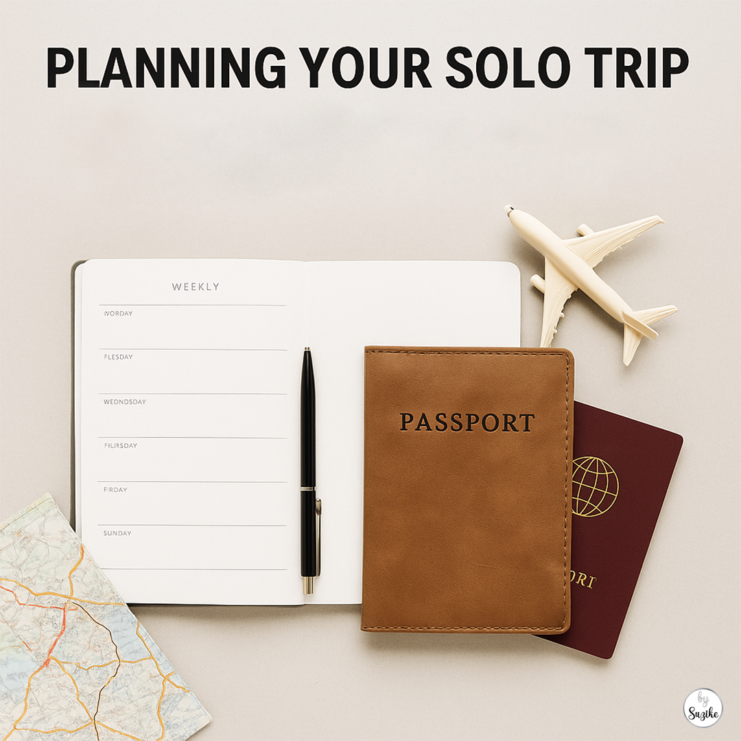 Travel planning essentials on a table: weekly planner, passports, pen, paper map, and toy airplane with a calm beige background.