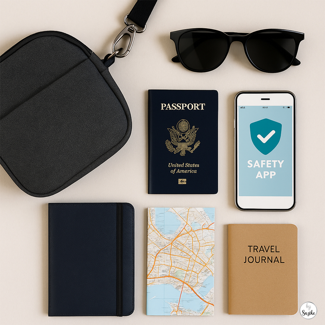 Flat lay of solo travel essentials for women: anti-theft bag, US passport, phone with safety app, sunglasses, map, and travel journal.