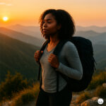 Black woman solo traveler with curly hair and backpack, standing on a mountain at sunrise, feeling empowered and inspired