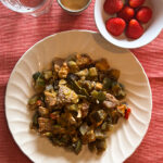 Low carb lunch and dinner with turkey, zucchini, eggplant and strawberries
