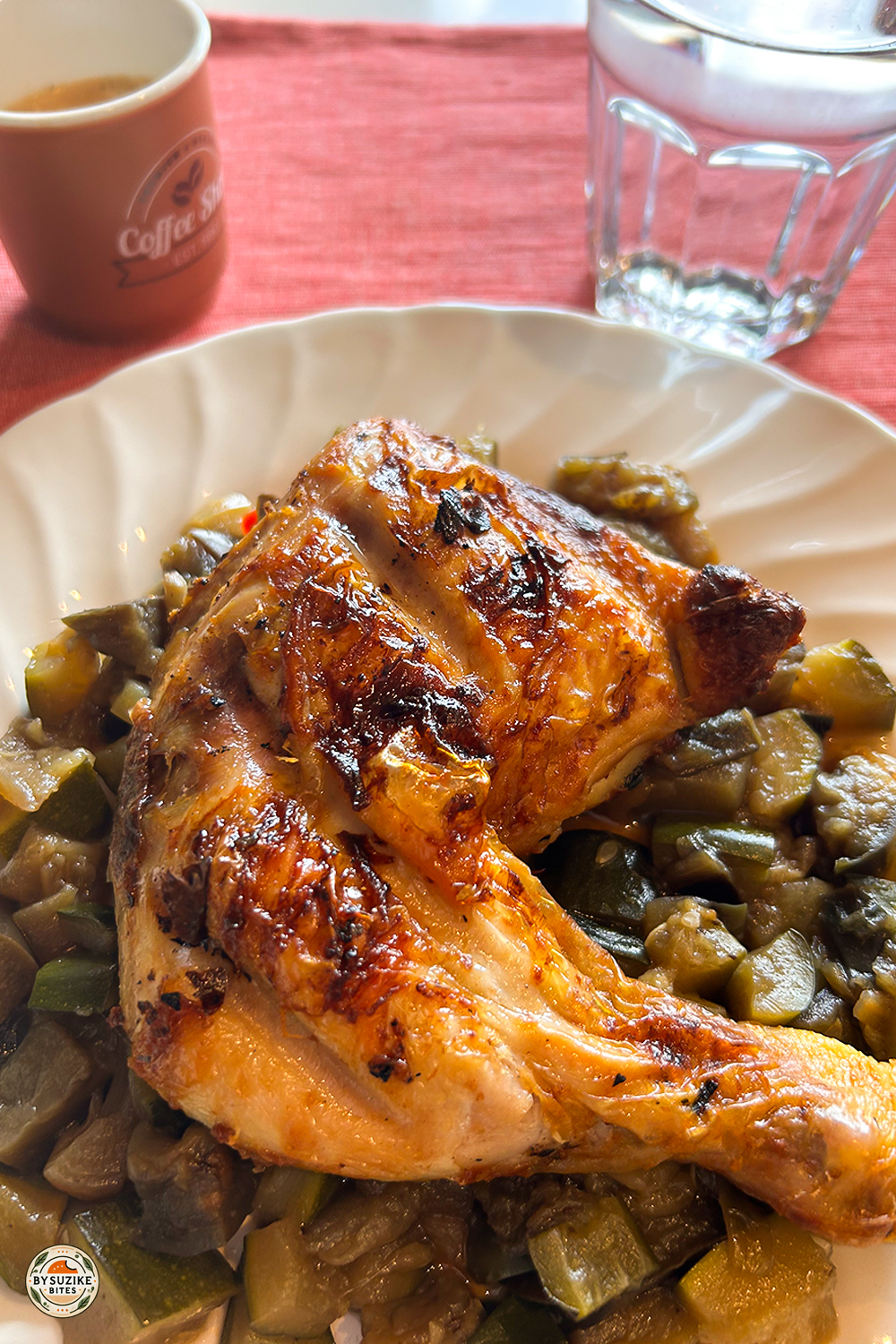 Low carb lunch with roasted chicken, zucchini, and eggplant on white plate what I ate today low carb – roasted chicken with zucchini and eggplant