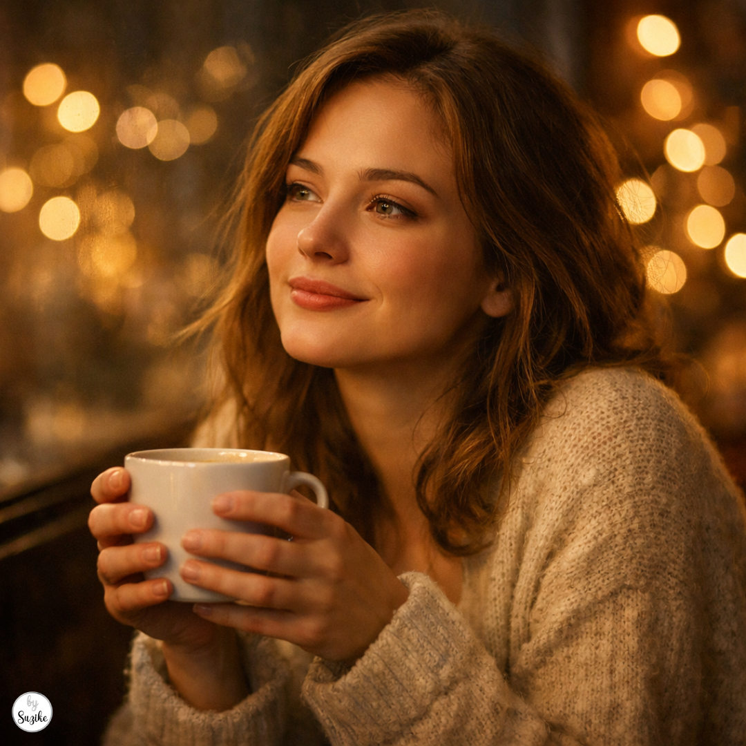 Woman holding a coffee cup with a soft dreamy expression, reflecting the feeling of loving the idea not the man.