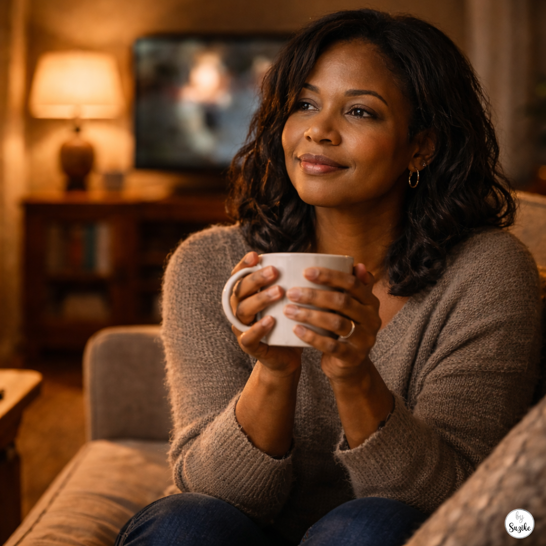 How Do You Know You’re in Love? Black woman in her forties sitting alone in a cozy living room in the evening, holding a cup with both hands in peaceful solitude.