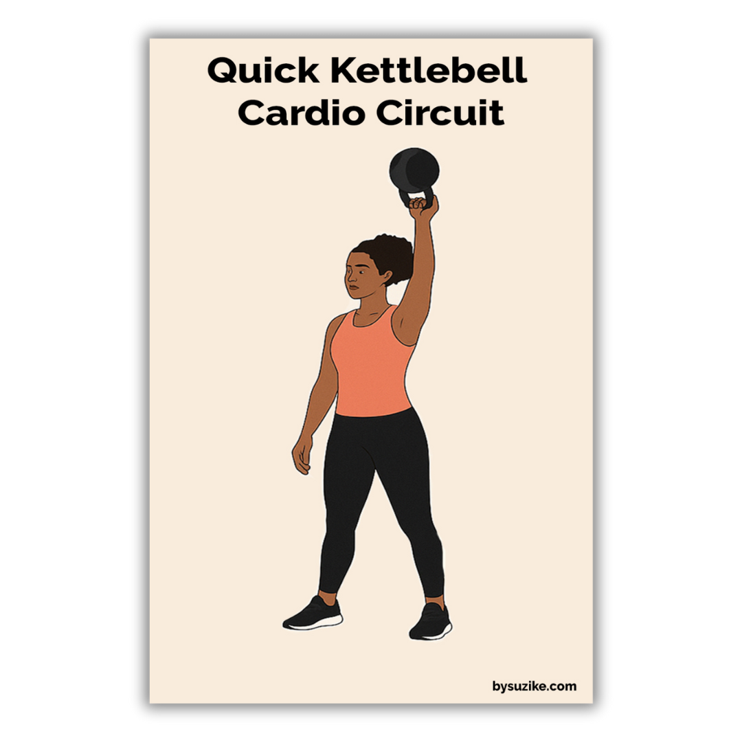 Illustration of busy mom performing a quick cardio circuit with kettlebell swings, snatches, and mountain climbers