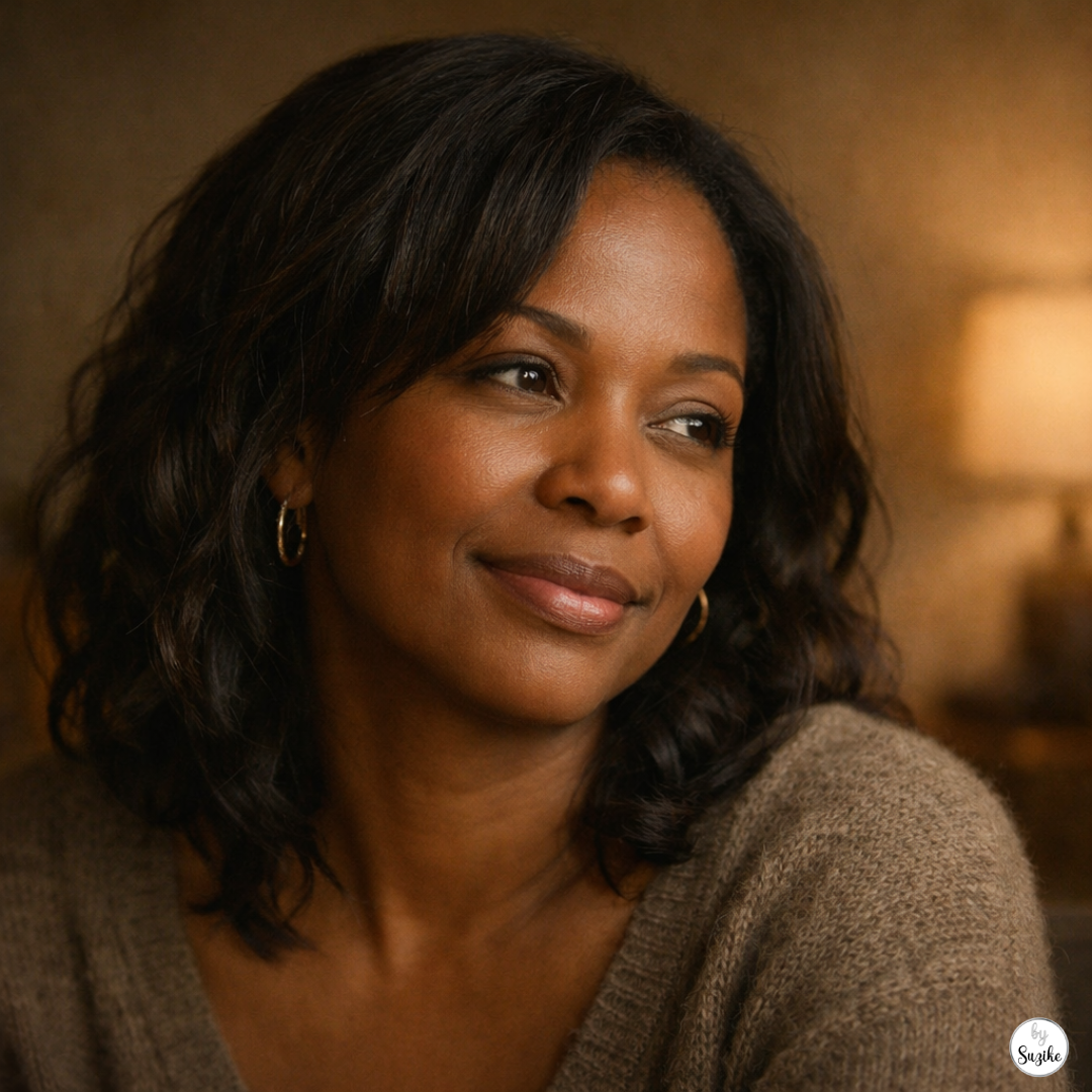 How Do You Know You’re in Love? Black woman in her forties with a soft peaceful smile and distant eyes, sitting in warm indoor light with a calm reflective expression.