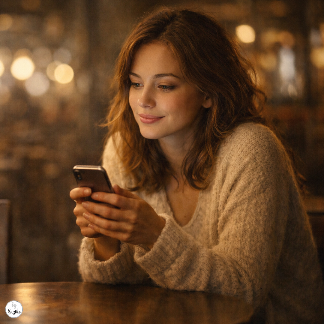 Woman sitting alone at a café table checking her phone with hopeful eyes, capturing falling in love with the idea of someone.