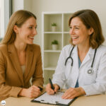 Routine doctor visits for women in their 40s: two white women, a doctor and a patient, sit at a desk in a modern medical office, smiling at each other during a friendly consultation.