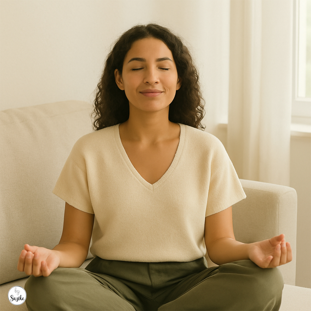 how-to-set-boundaries-and-say-no-meditating-woman Woman meditating peacefully at home, practicing how to set boundaries and say no for self-care