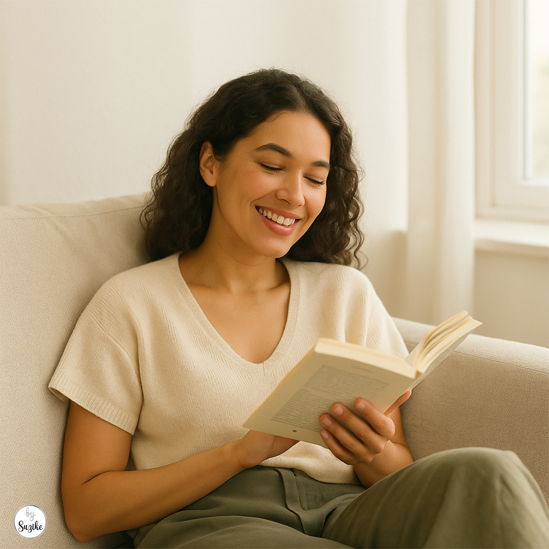 how-to-set-boundaries-and-say-no-woman-reading-alone Woman reading alone on the sofa, illustrating how to set boundaries and say no with confidence