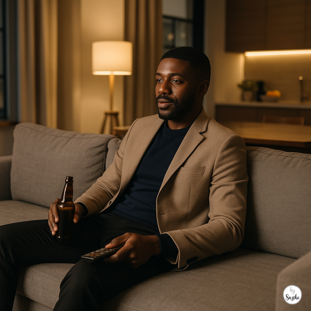 Sophisticated black man enjoying time alone on his sofa, living apart together relationship lifestyle