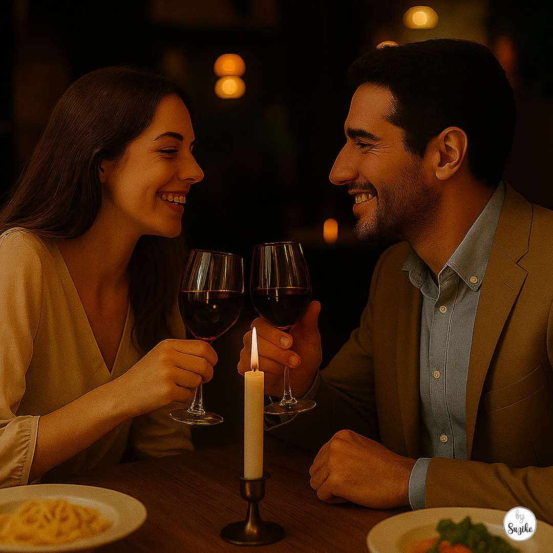 Couple toasting with wine at dinner, celebrating their living apart together relationship