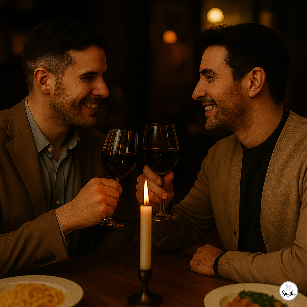 Gay couple toasting with wine at a romantic dinner, celebrating their living apart together relationship